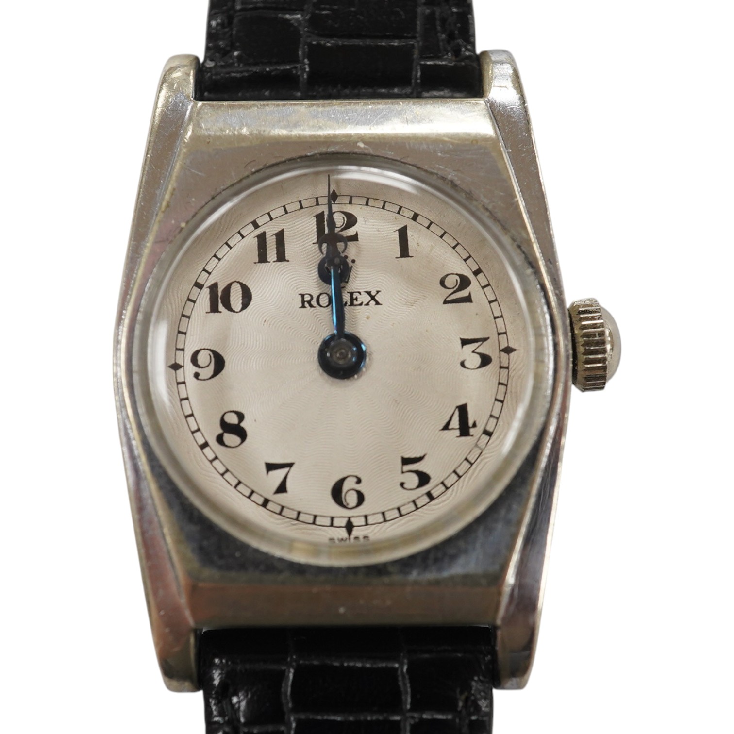 A gentleman's mid 20th century stainless steel Rolex manual wind wrist watch, with Arabic dial and Rolex and Enivar movement, case diameter 24mm, on a later associated leather strap. Condition - poor to fair